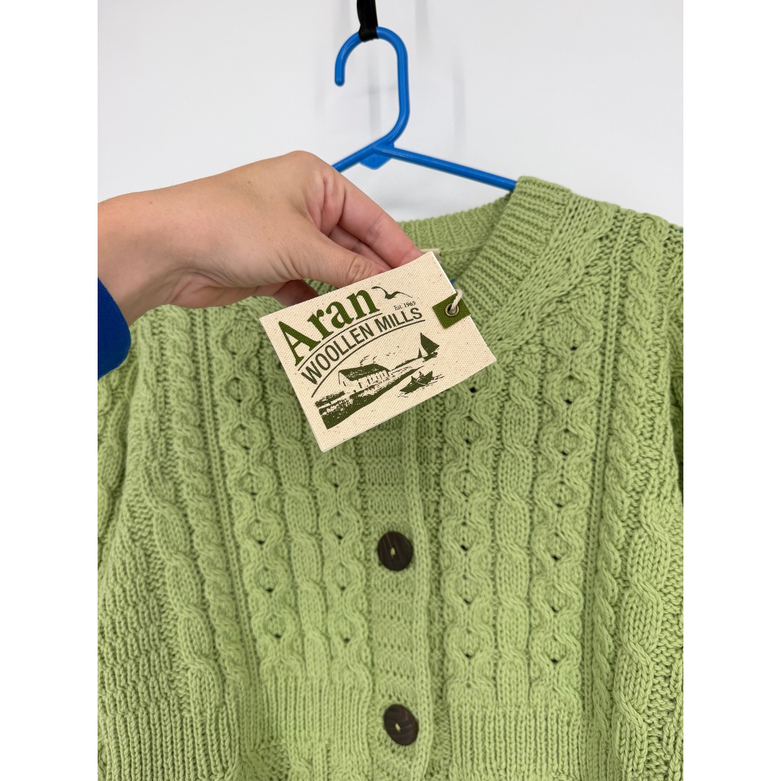 New Aran Woollen Mills Sage Green 100% Merino Wool Cable Knit Cardigan Irish S — image 7 of 8